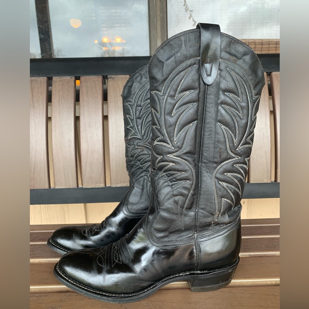 Bronco Black Leather Cowboy Western Boots Size 8.5 D Made In The USA Style 83650